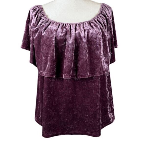 Tres Bien Velour On/Off Shoulder Blouse Wine Color Ruffle Elastic Top Size Large - Picture 1 of 8